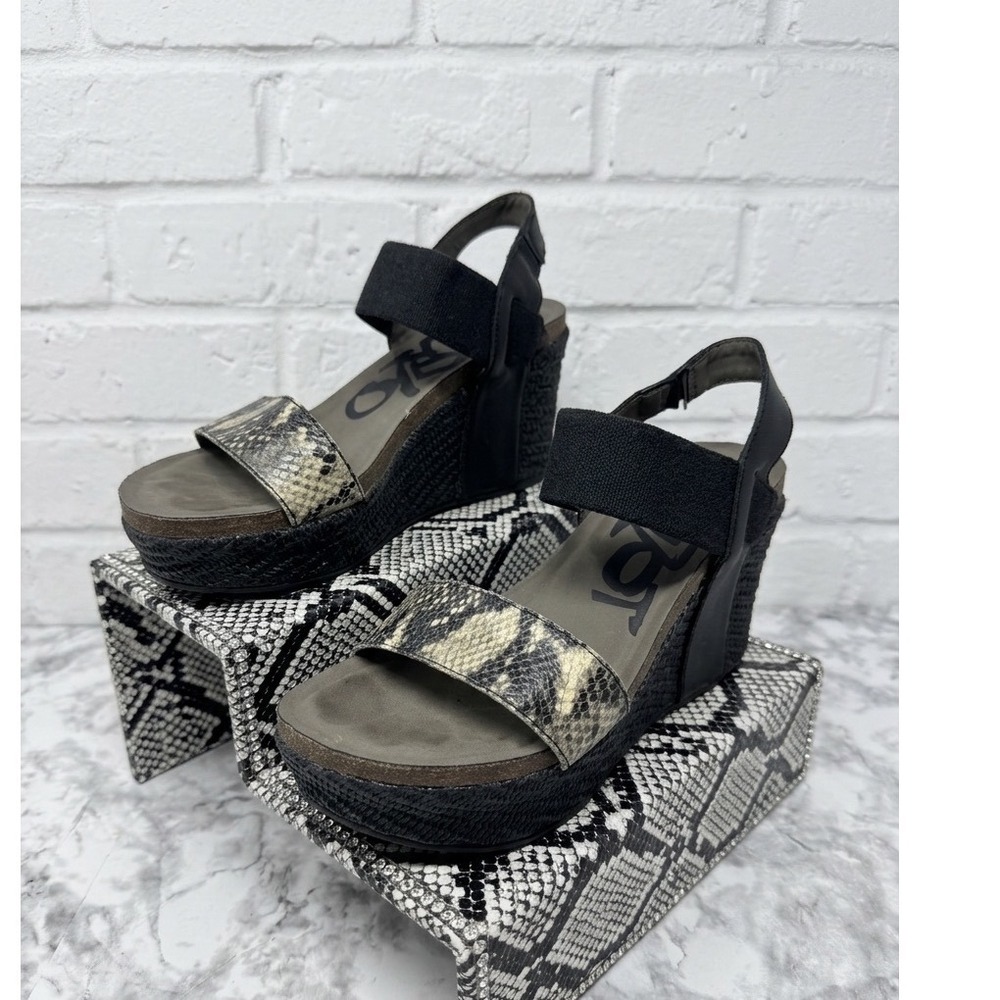 OTBT 🖤🩶🖤 leather Snakeskin print Platform Wedge Sandals woven Ankle Strap 8.5